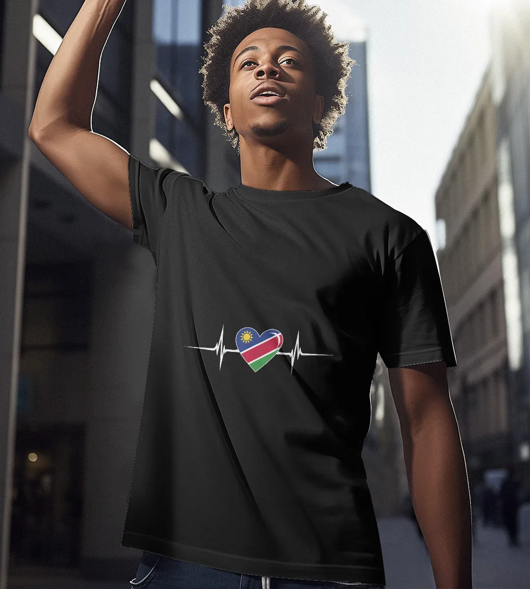 1sttheworld T-Shirt - Heartbeat Namibian Flag T-Shirt Black A35