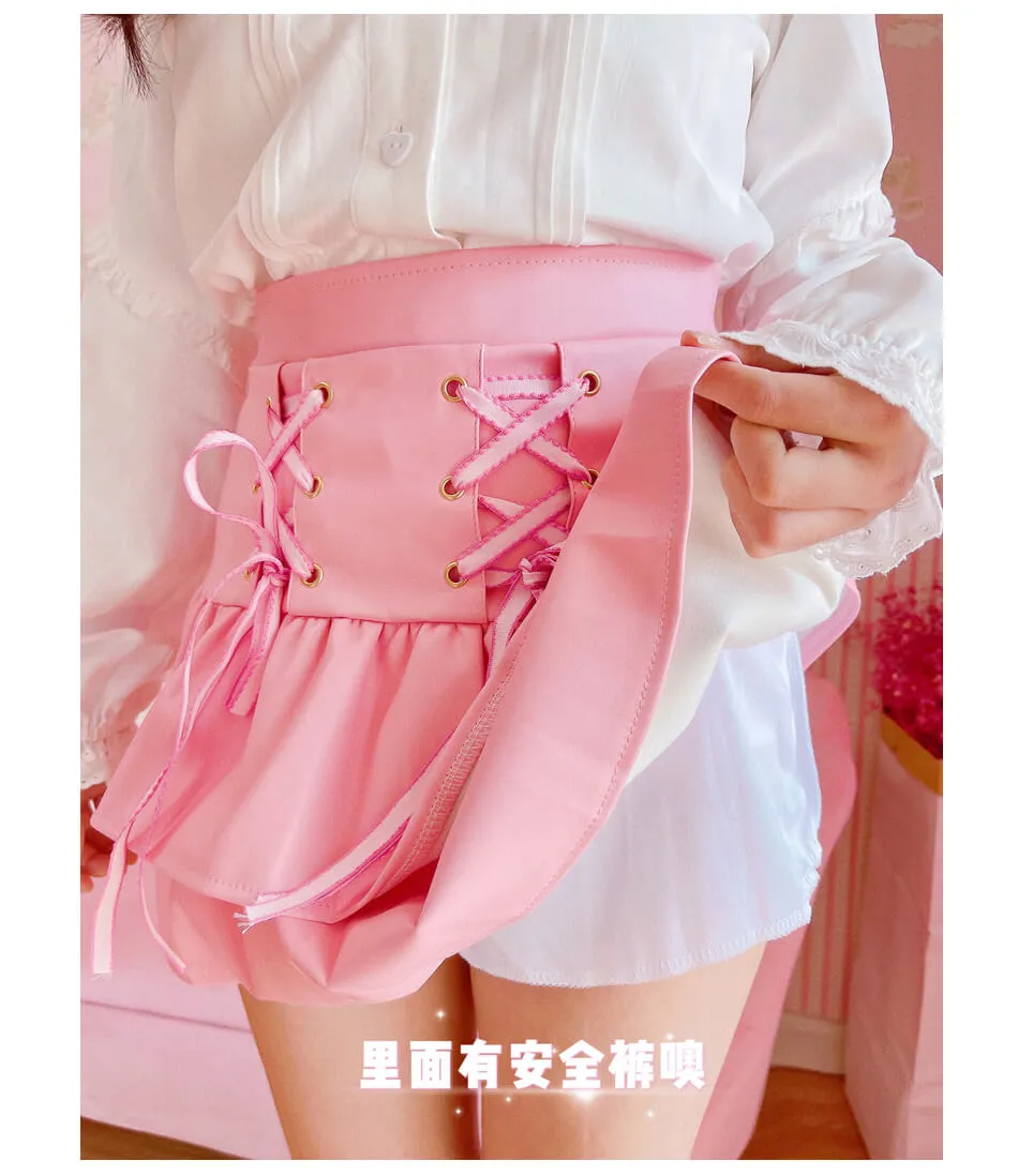 2023 New Japanese Cute PU Leather Skirt High Waist Strap Short Skirt BY9153