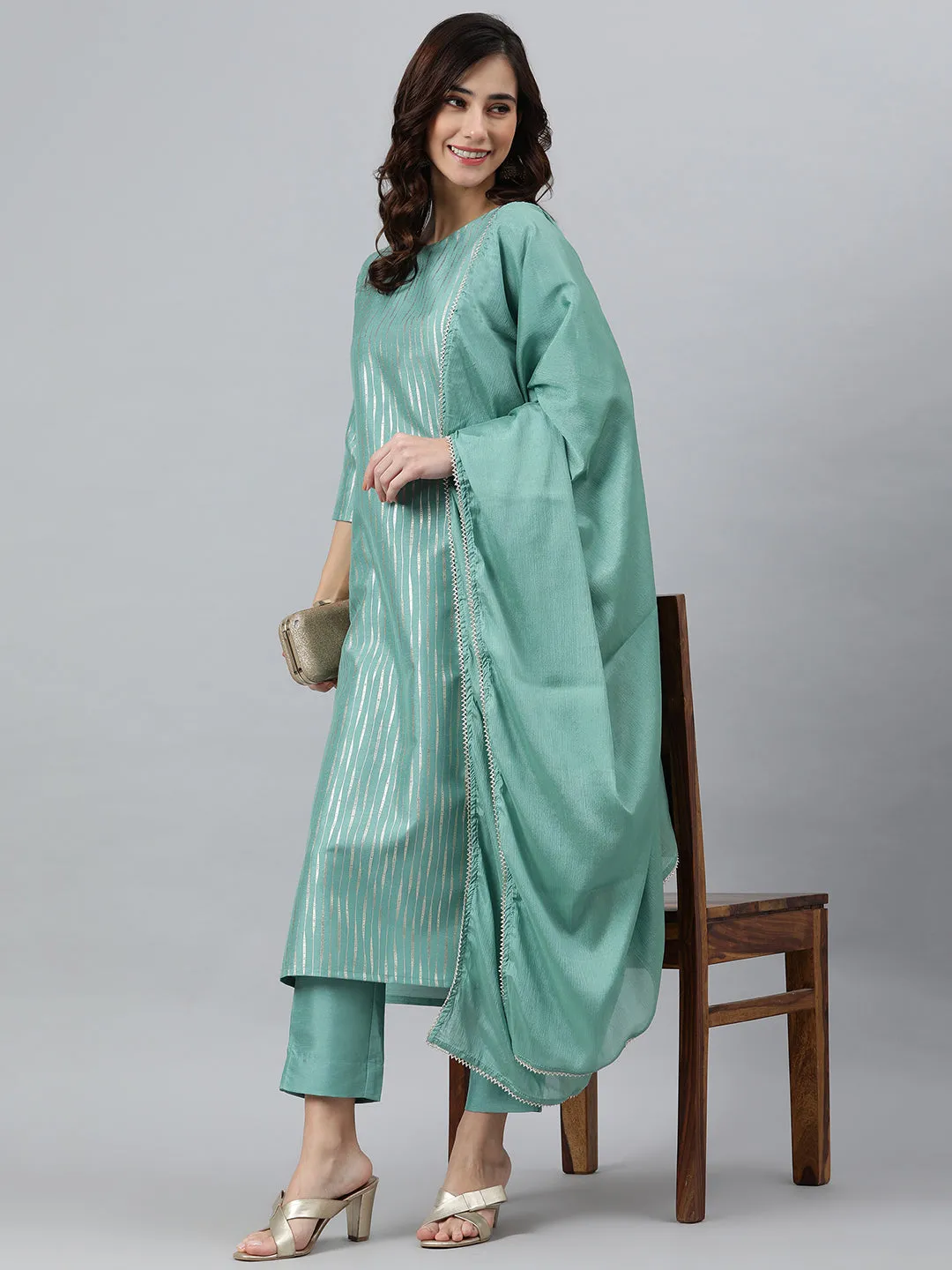 Aqua Poly Silk Striped Kurta Pant Set