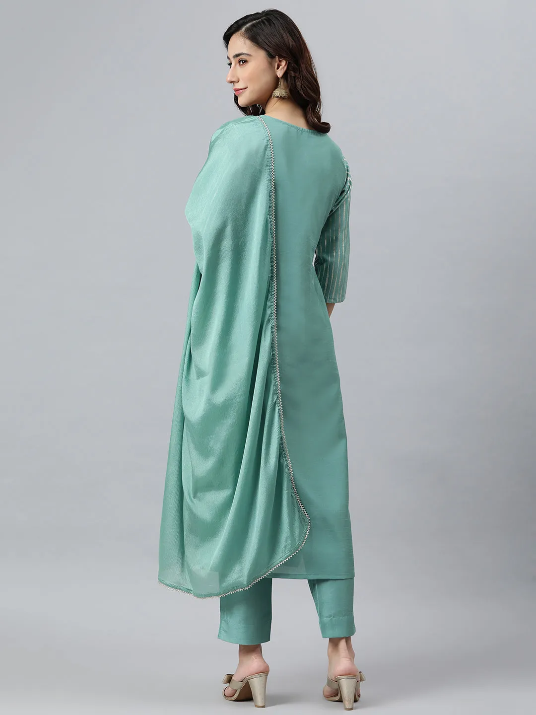 Aqua Poly Silk Striped Kurta Pant Set