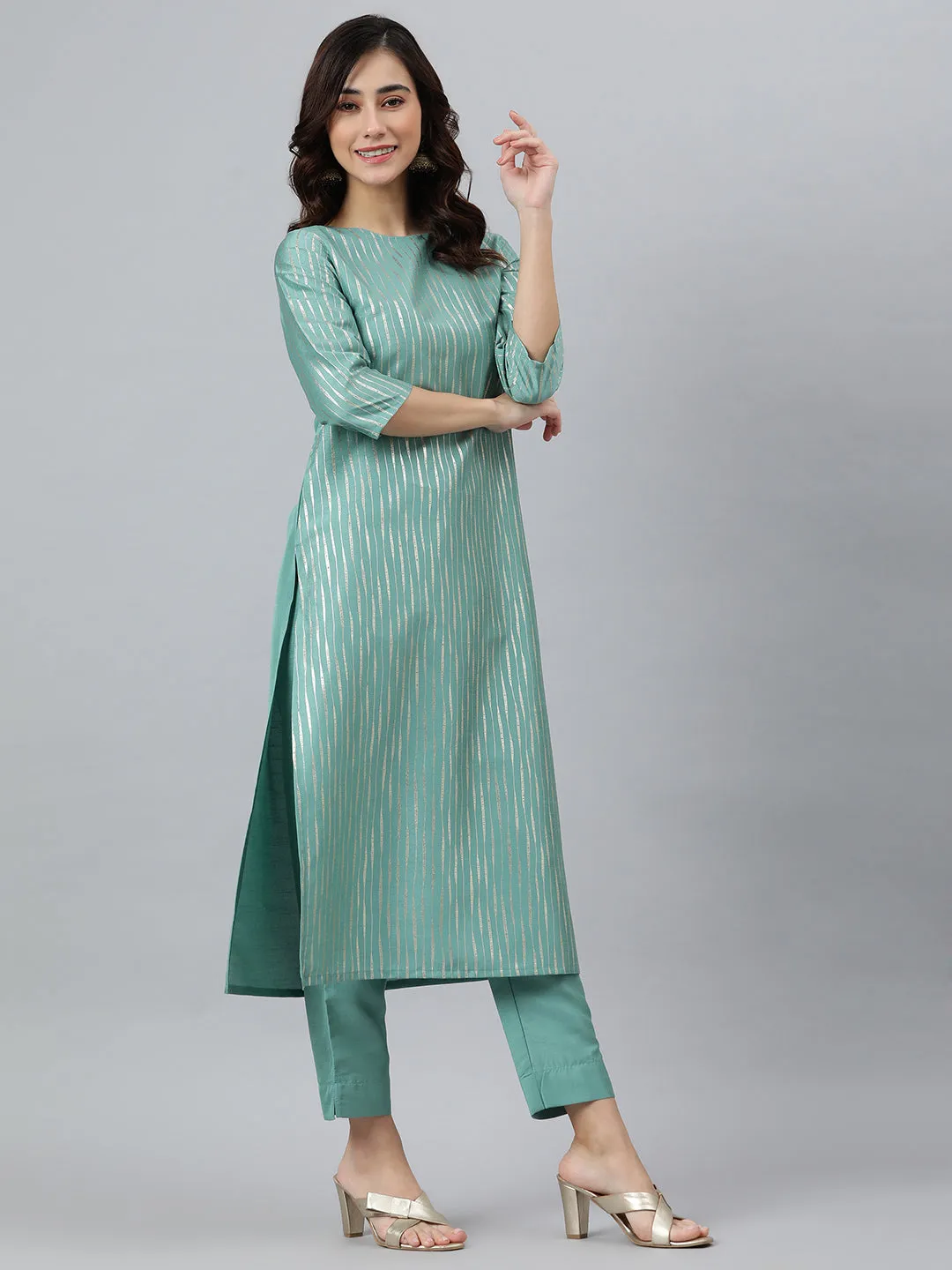 Aqua Poly Silk Striped Kurta Pant Set