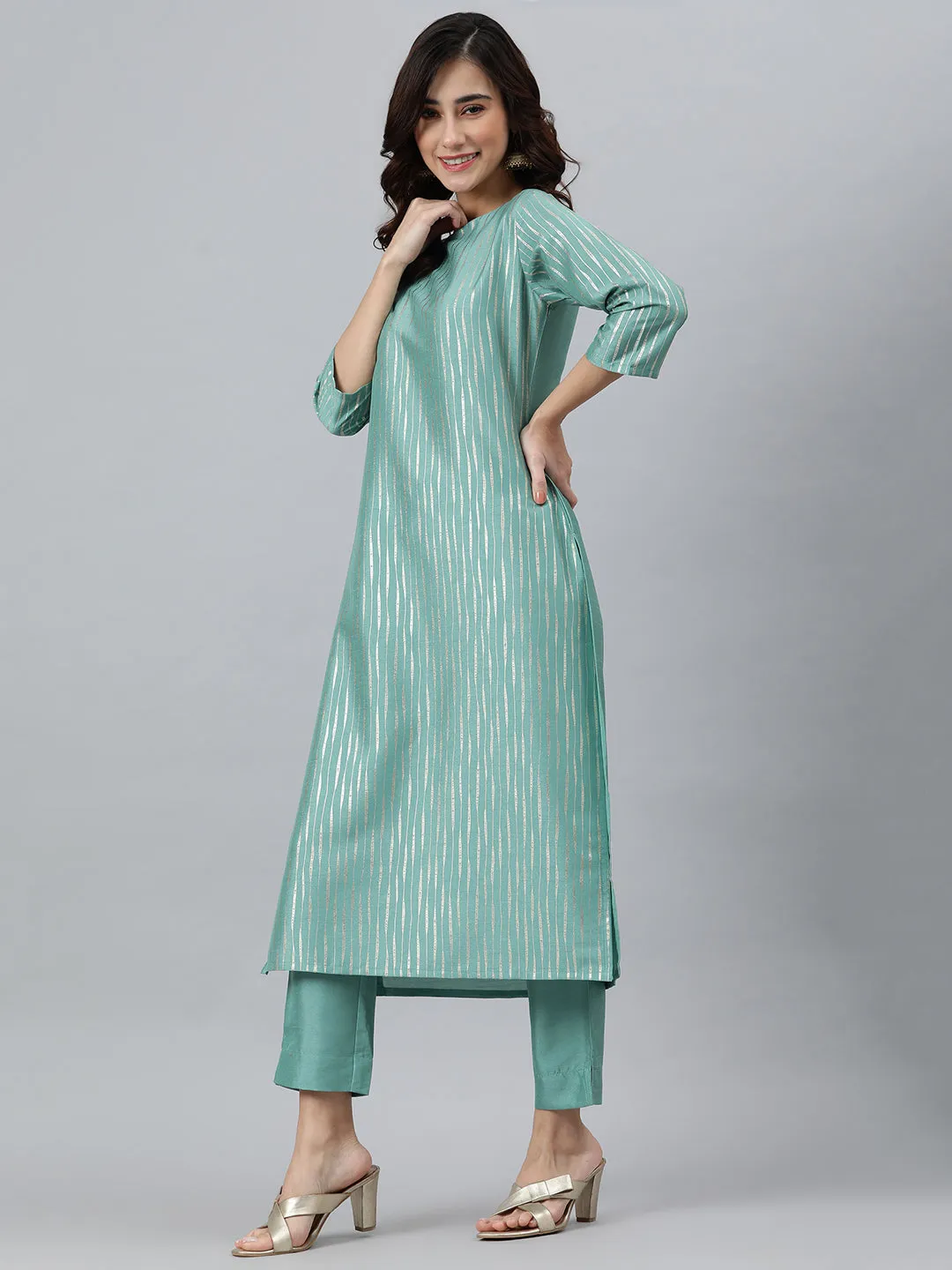 Aqua Poly Silk Striped Kurta Pant Set