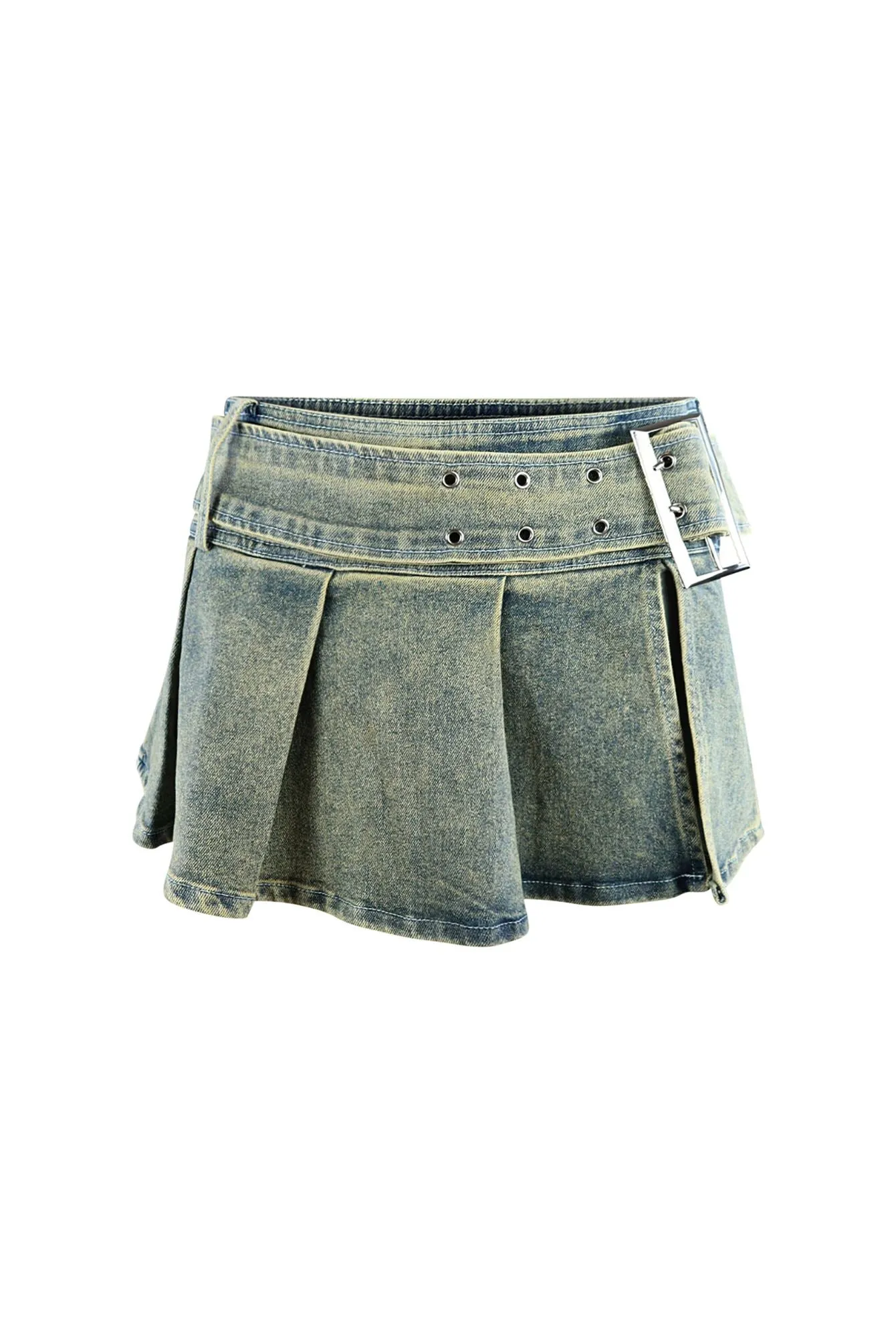 Big City Denim Pleated Mini Skirt With Belt