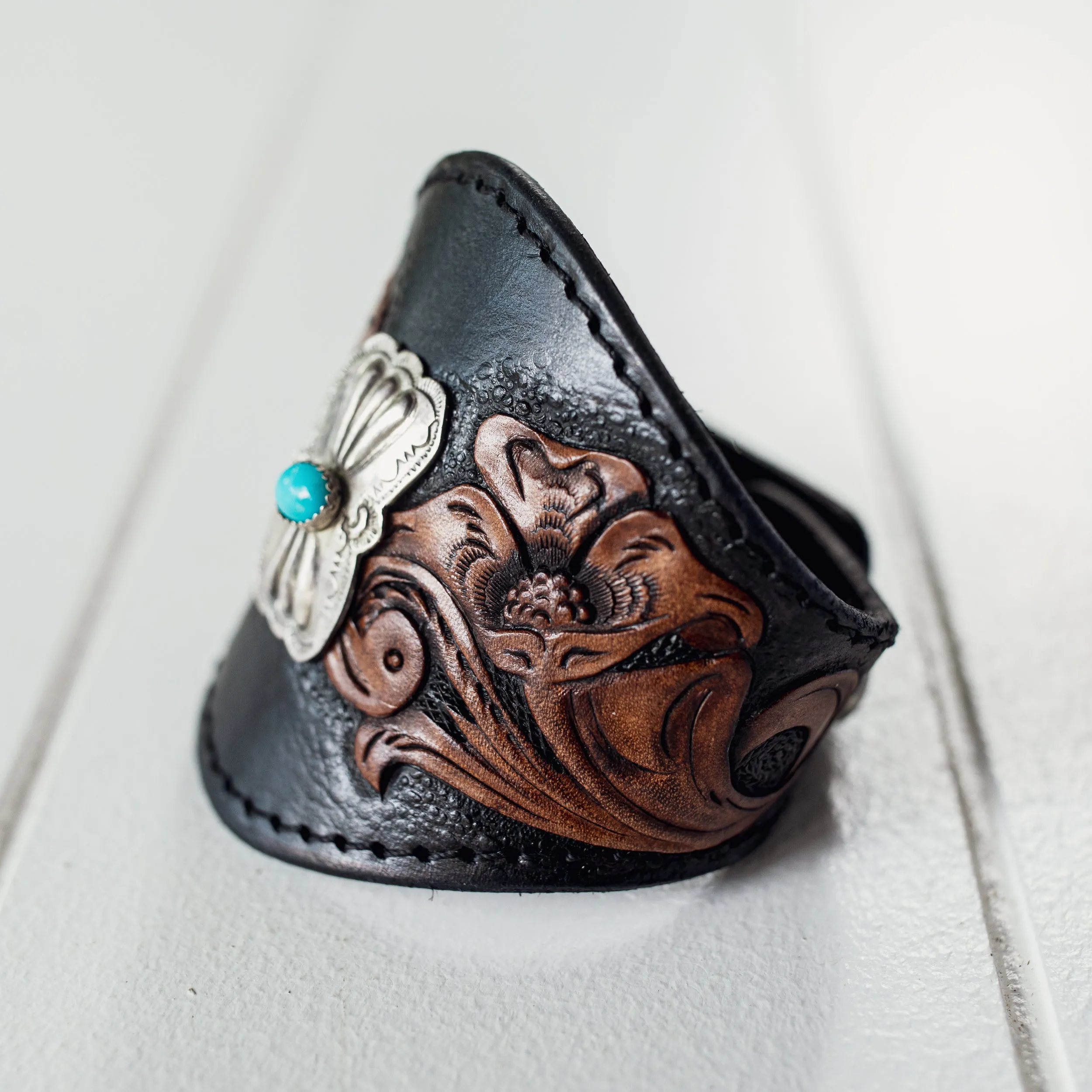 Black Bay Western Floral Cuff with Navajo Concho