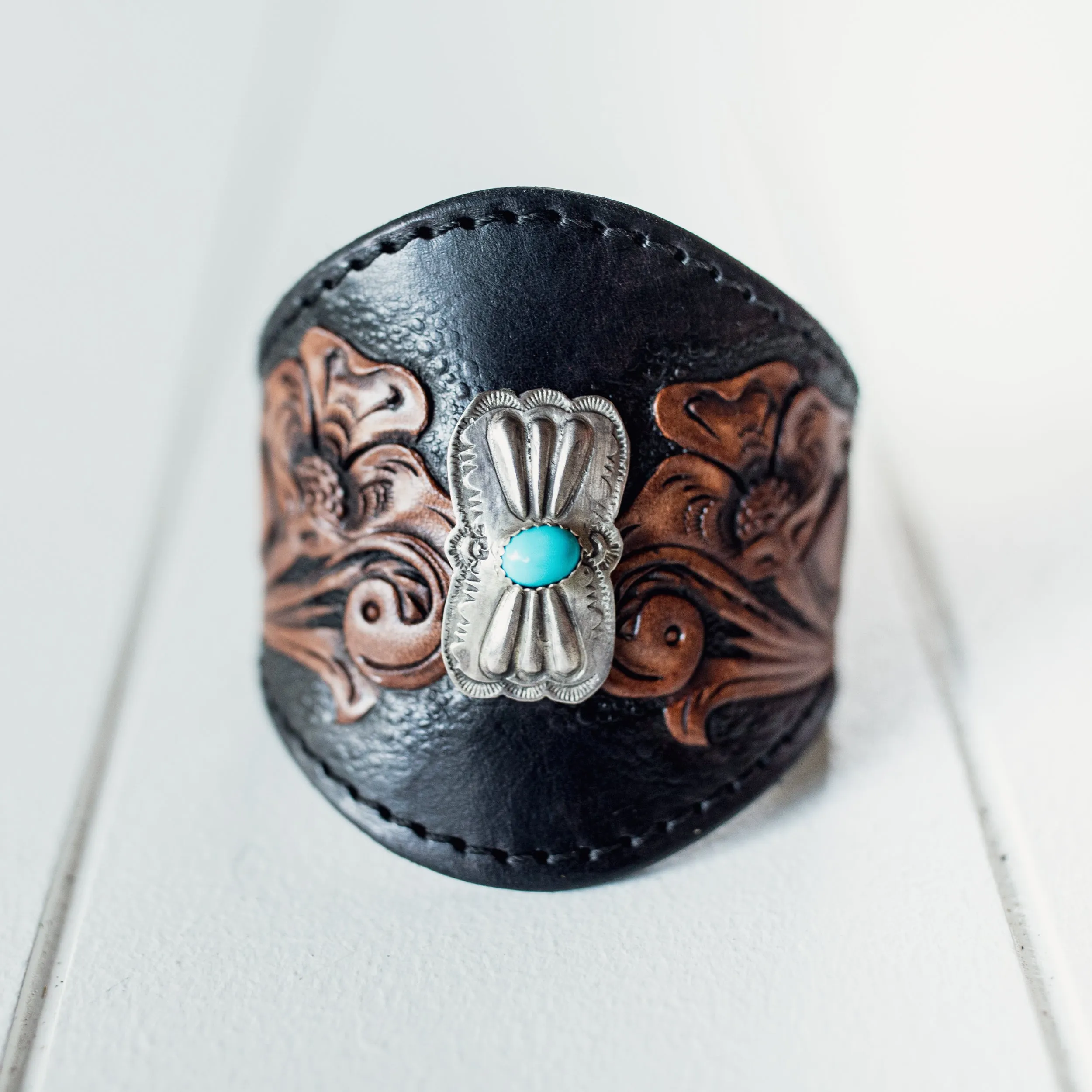 Black Bay Western Floral Cuff with Navajo Concho