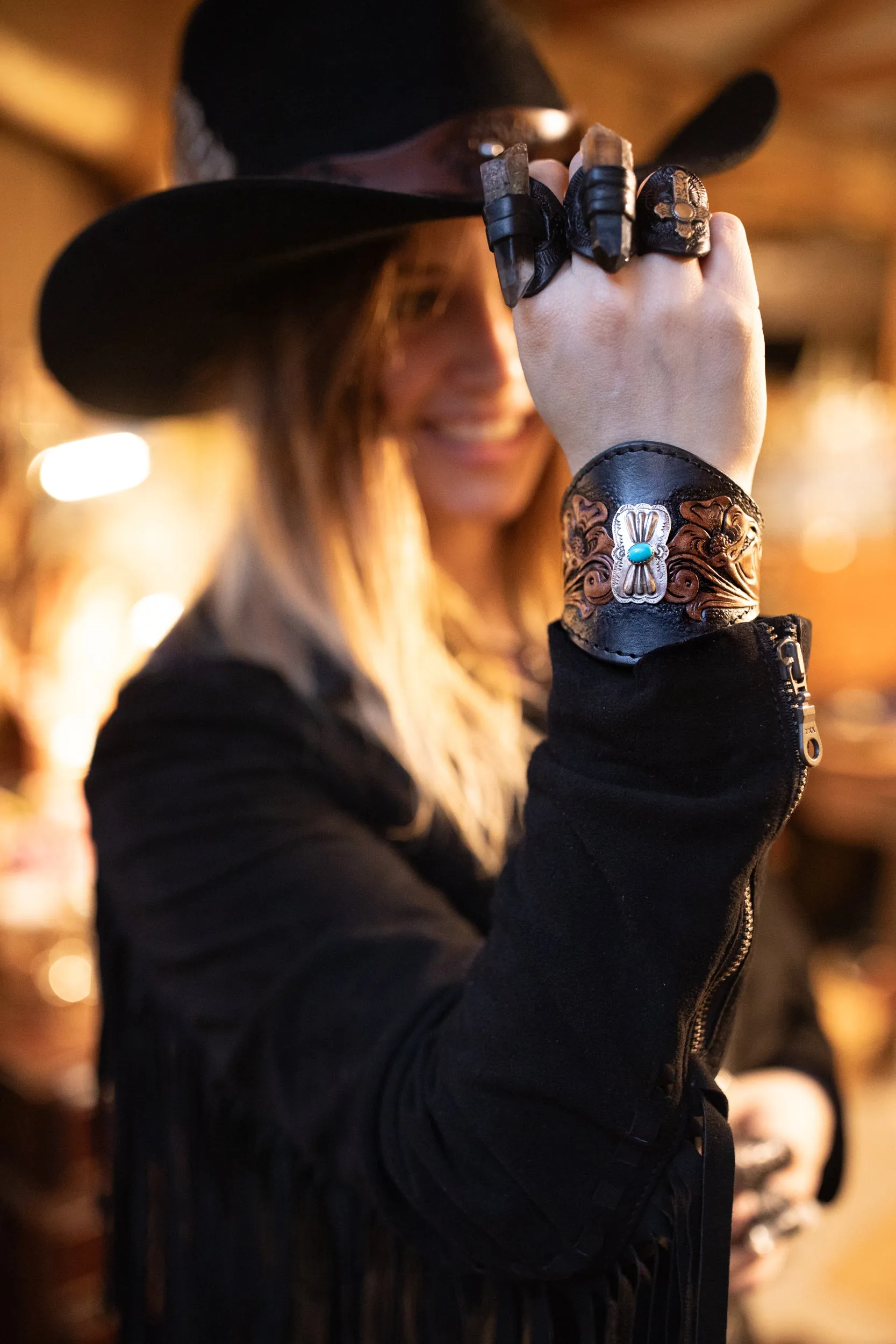 Black Bay Western Floral Cuff with Navajo Concho