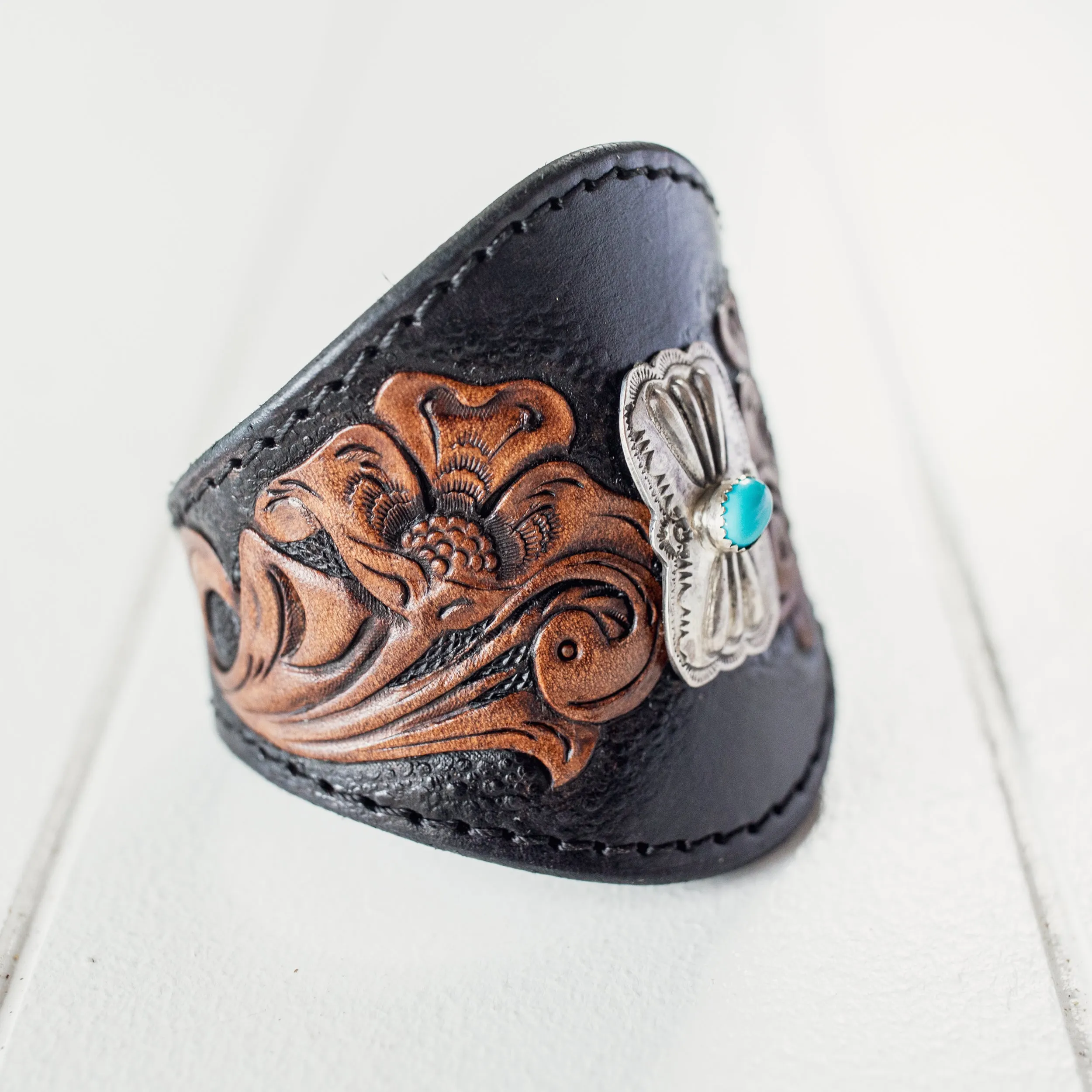 Black Bay Western Floral Cuff with Navajo Concho