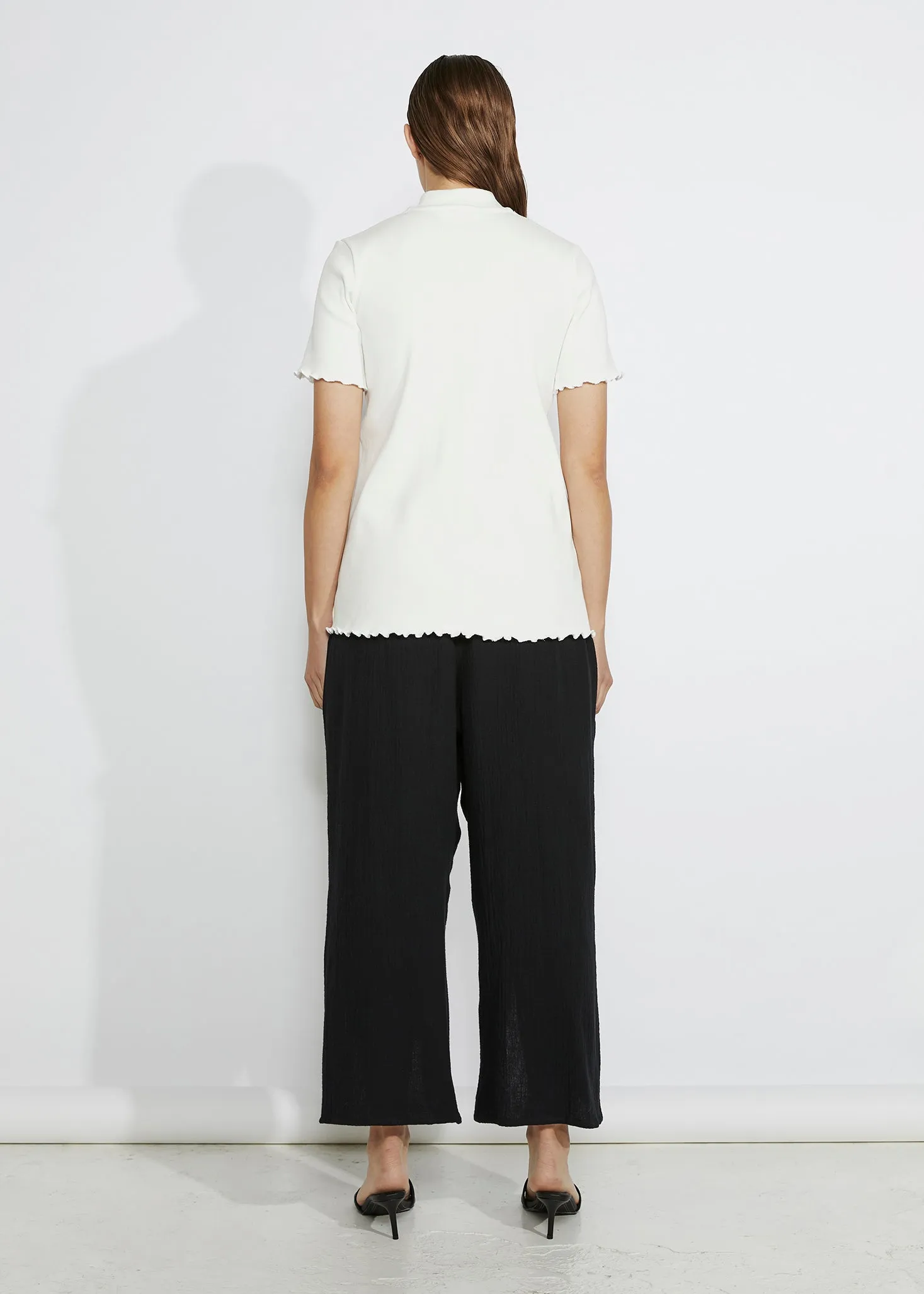 DISTORT CULOTTES [ Black Crinkle Cotton Wide Leg Pants, Wavy Cutout ]