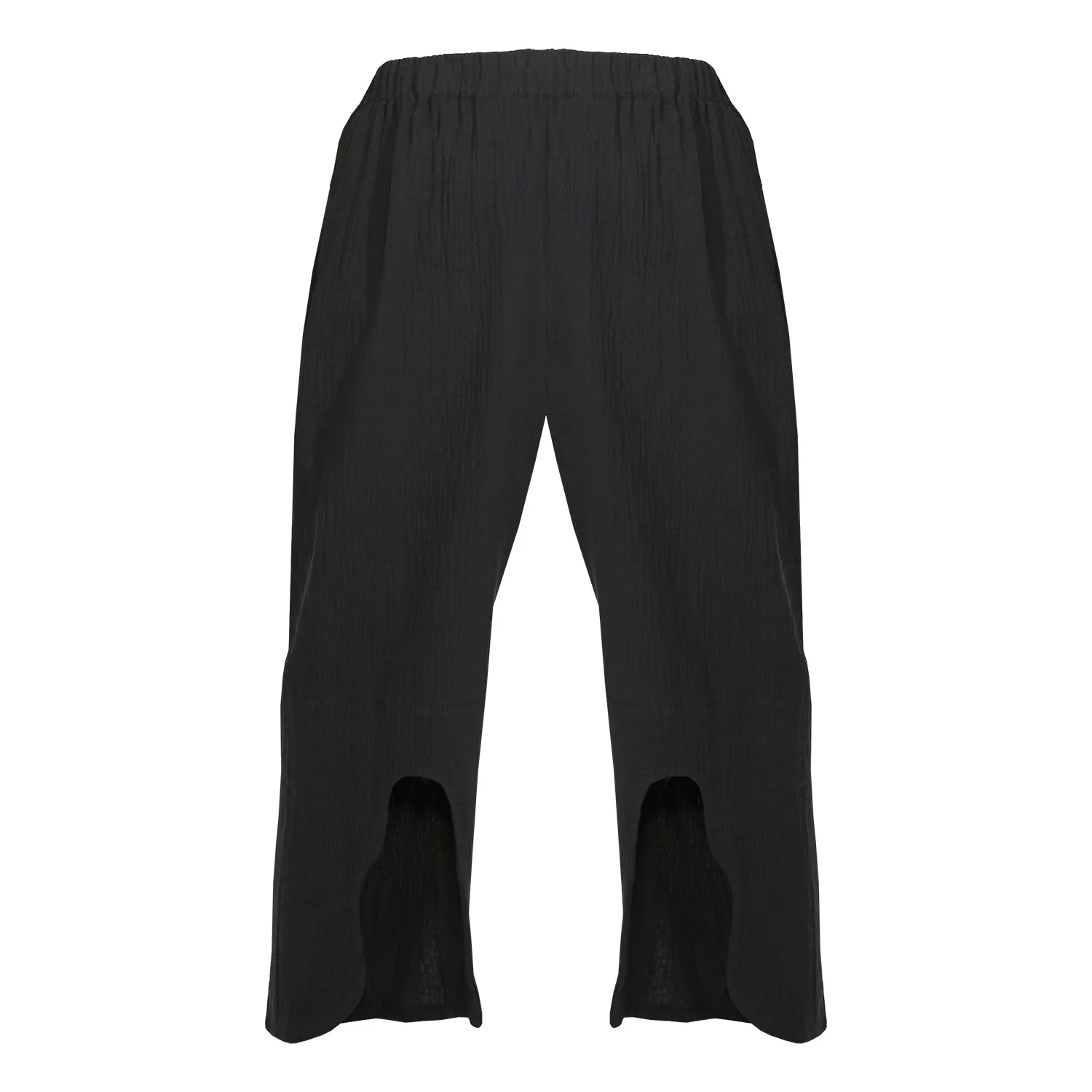 DISTORT CULOTTES [ Black Crinkle Cotton Wide Leg Pants, Wavy Cutout ]