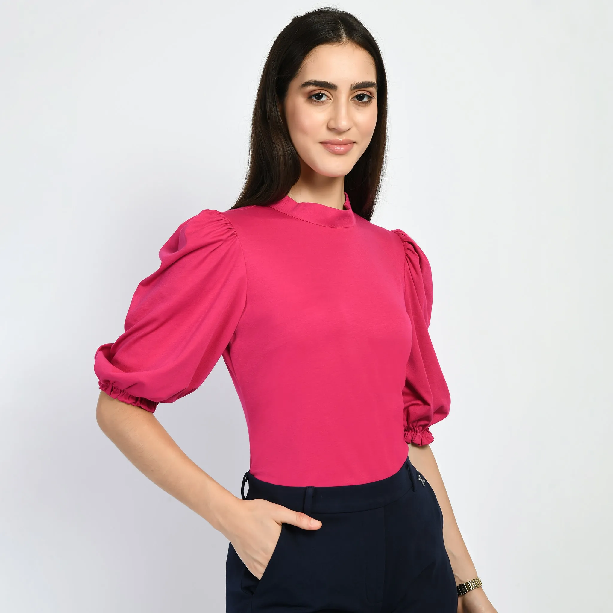 Exude Glamour Puffed Sleeves T-shirt (Hot Pink)