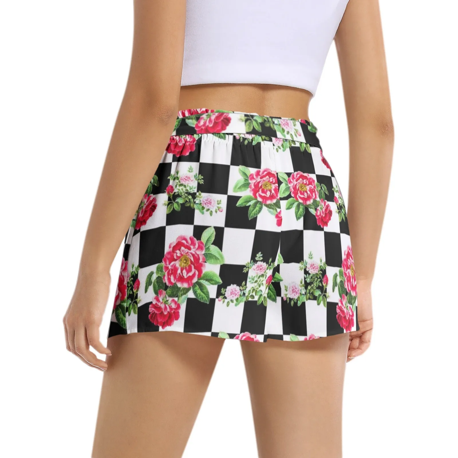 Floral Black and White Checkered Women's Belted Short