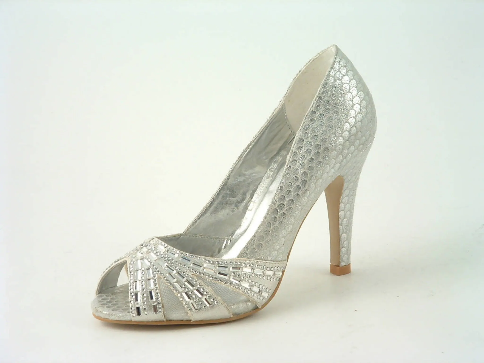 Glitz Shoes Diamante Mesh Reptile Heel Peep Toe Court Shoe