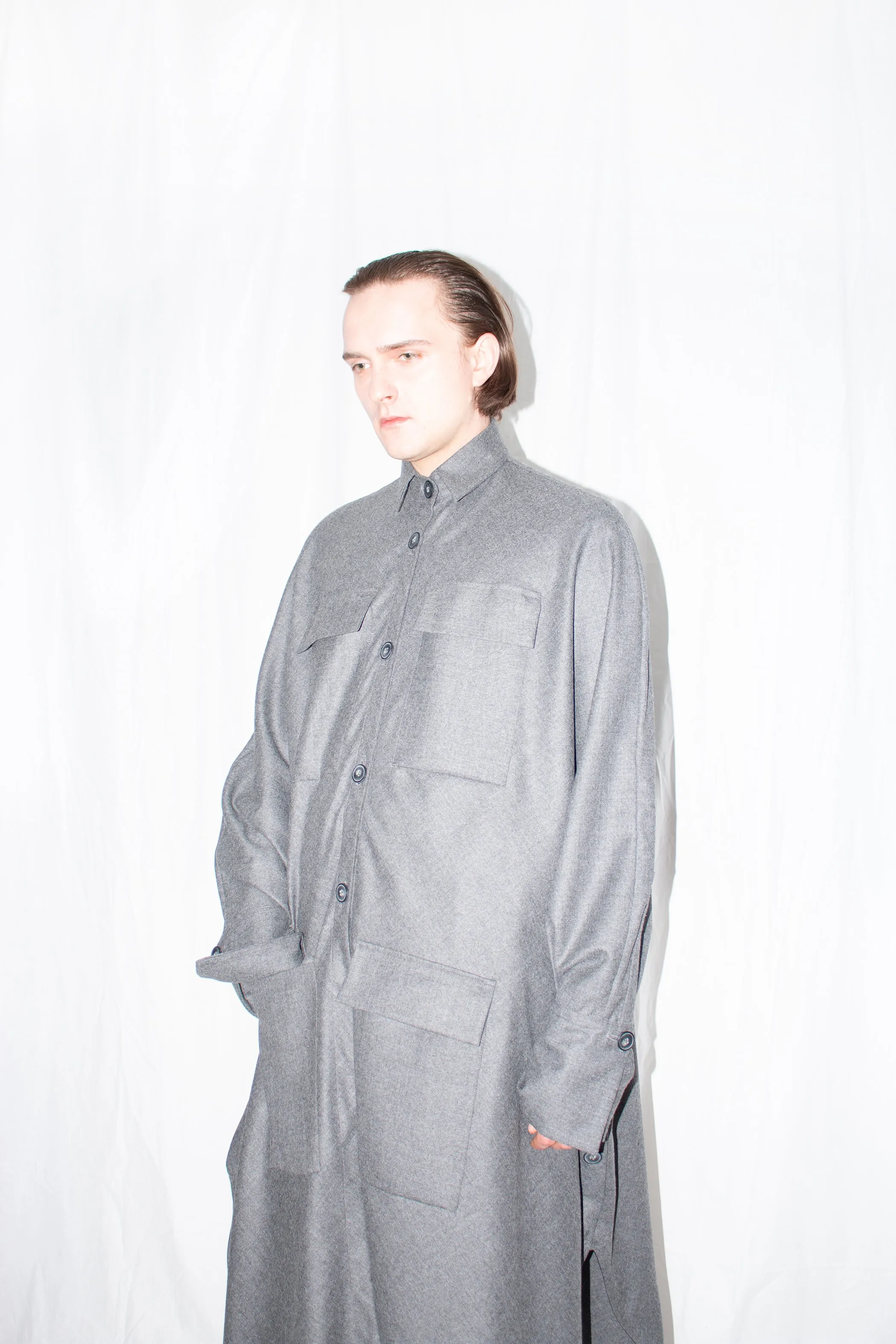 Grey Elongated Wool Cloak Shirt