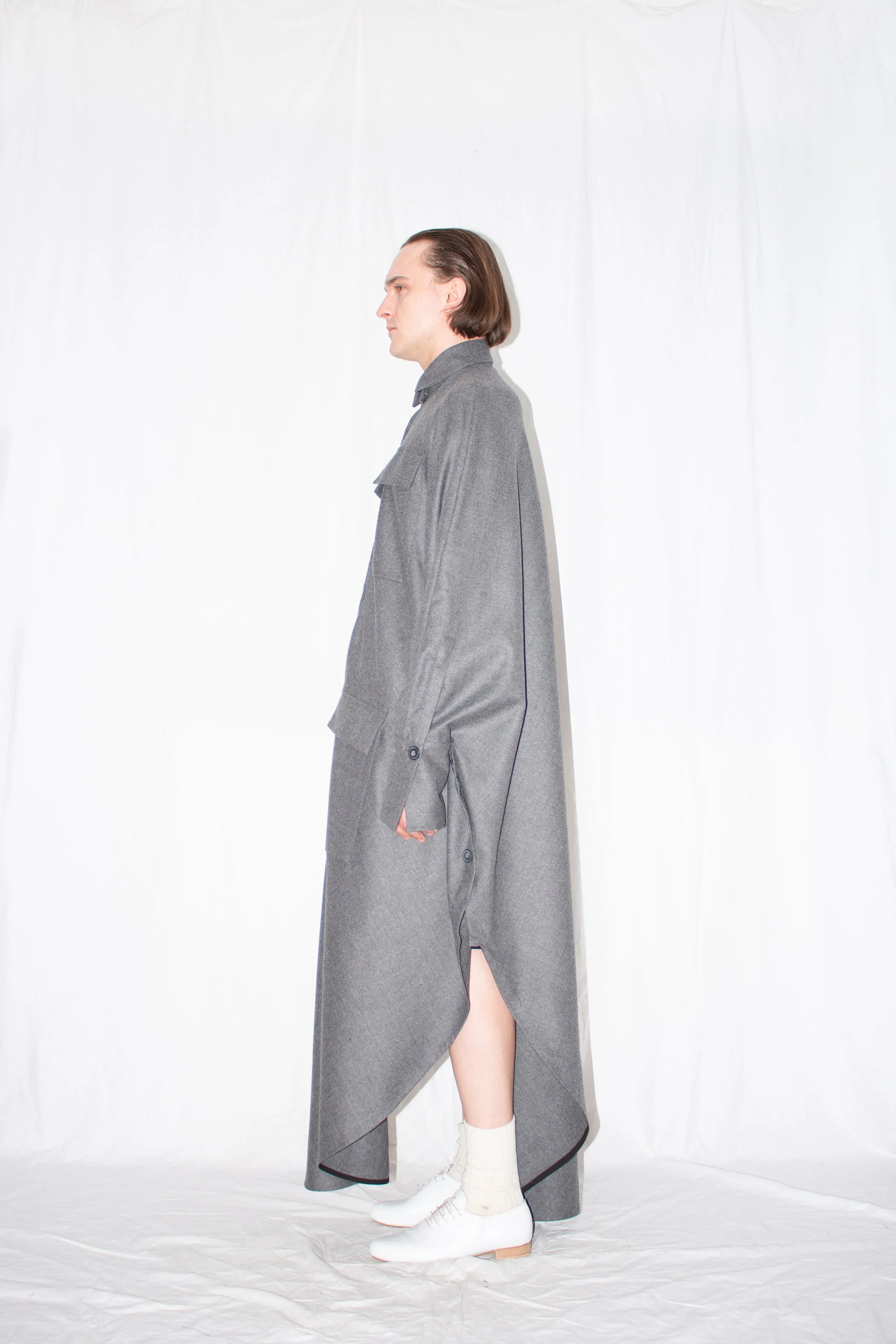 Grey Elongated Wool Cloak Shirt