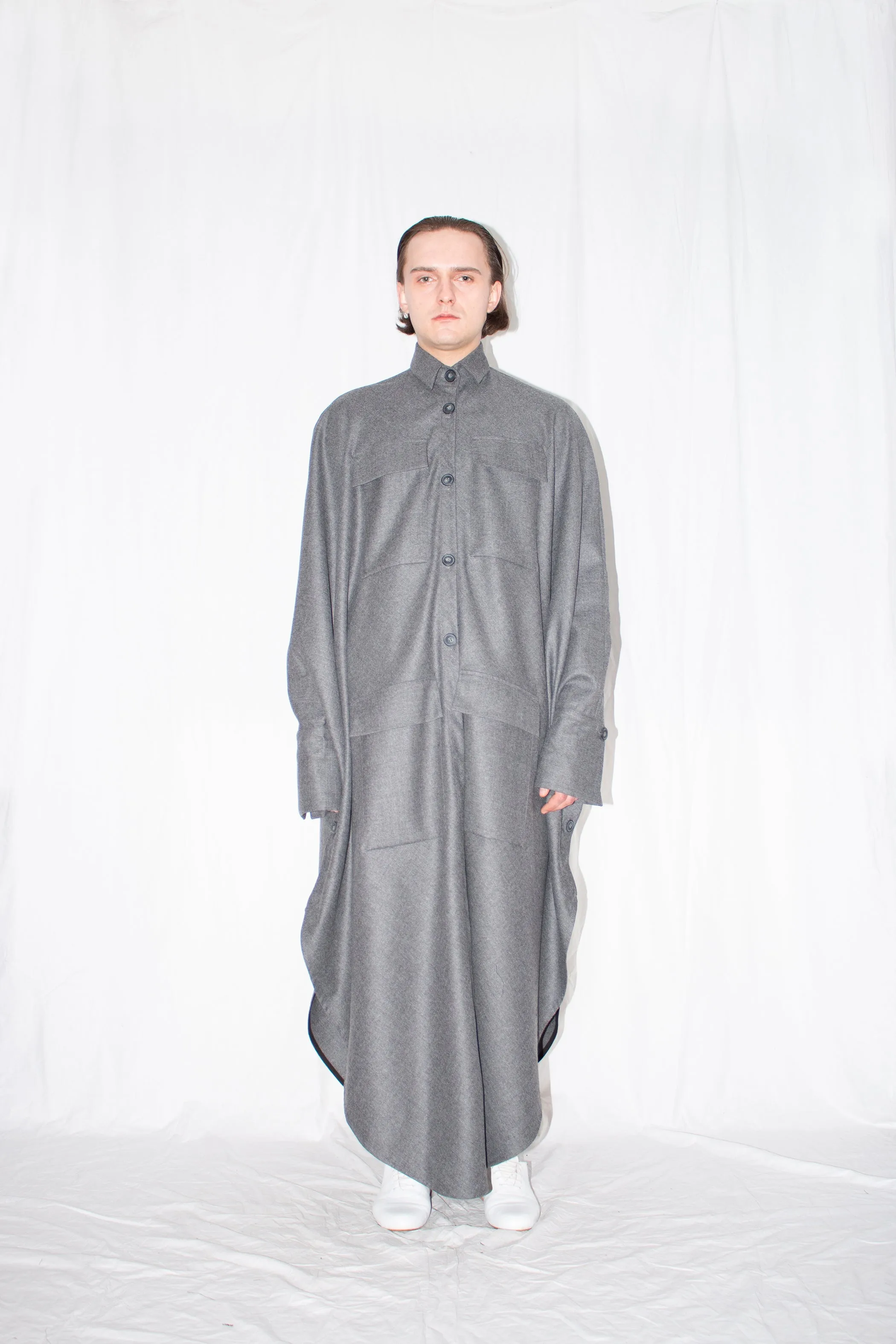 Grey Elongated Wool Cloak Shirt