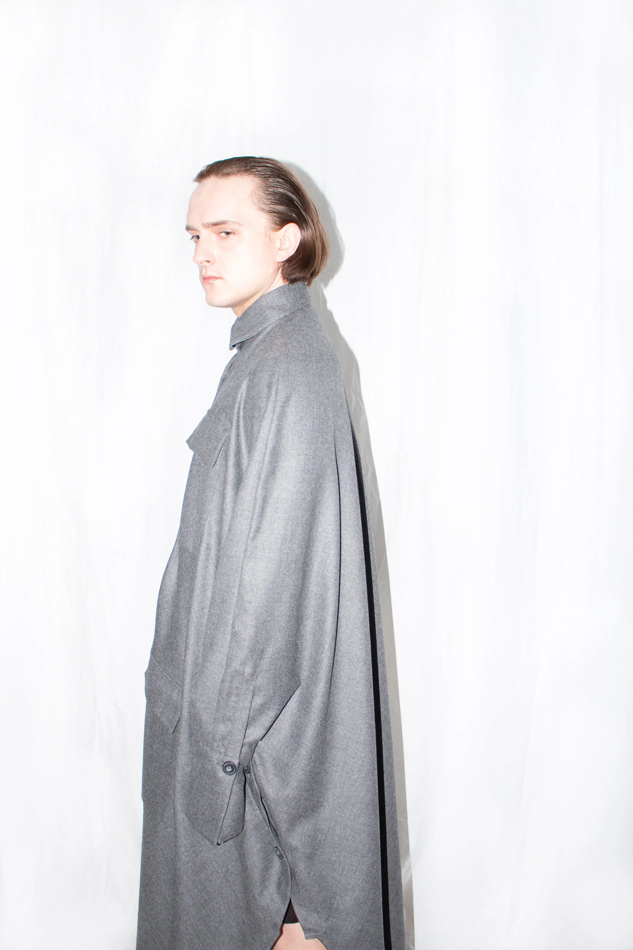 Grey Elongated Wool Cloak Shirt