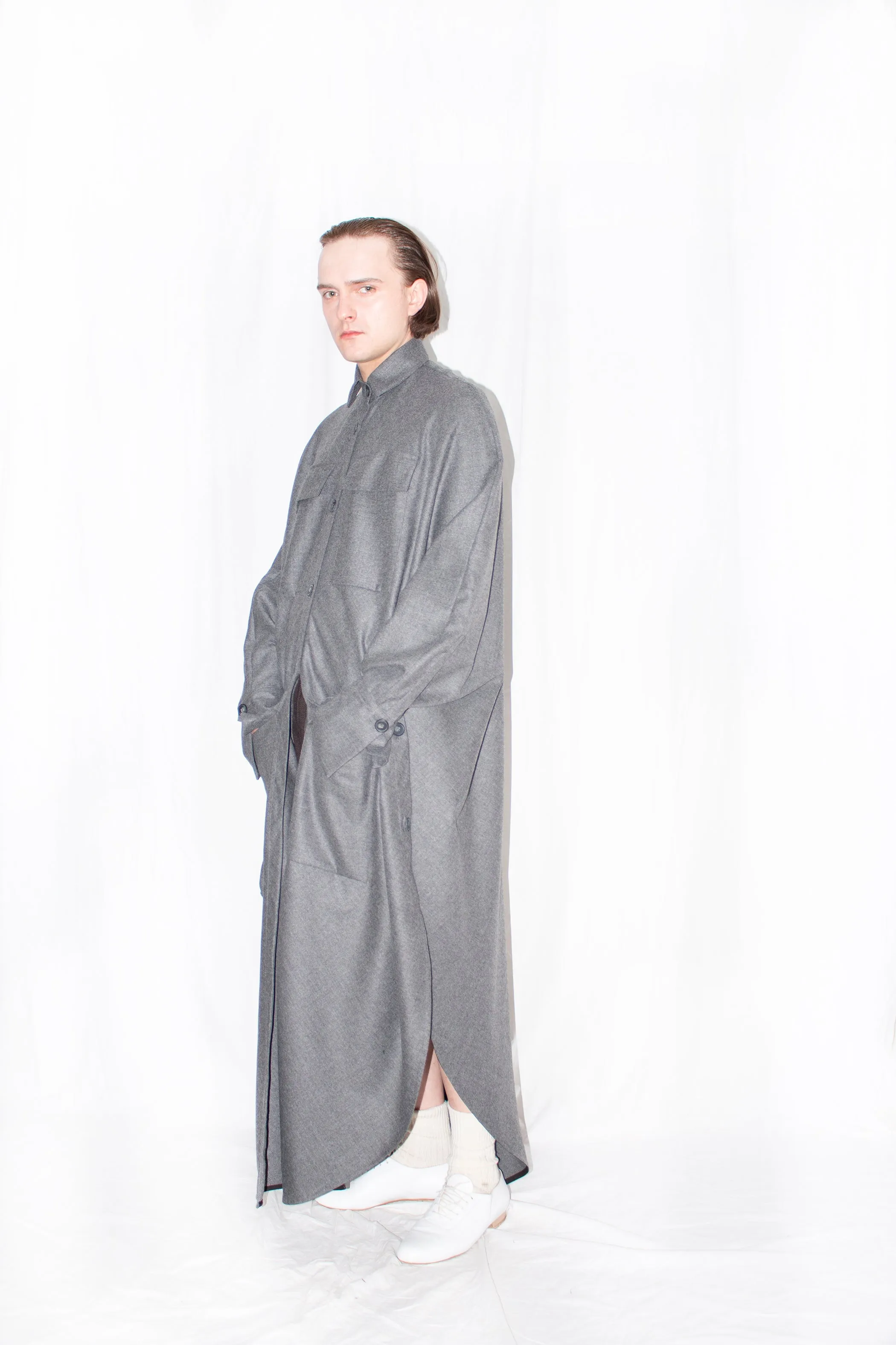 Grey Elongated Wool Cloak Shirt