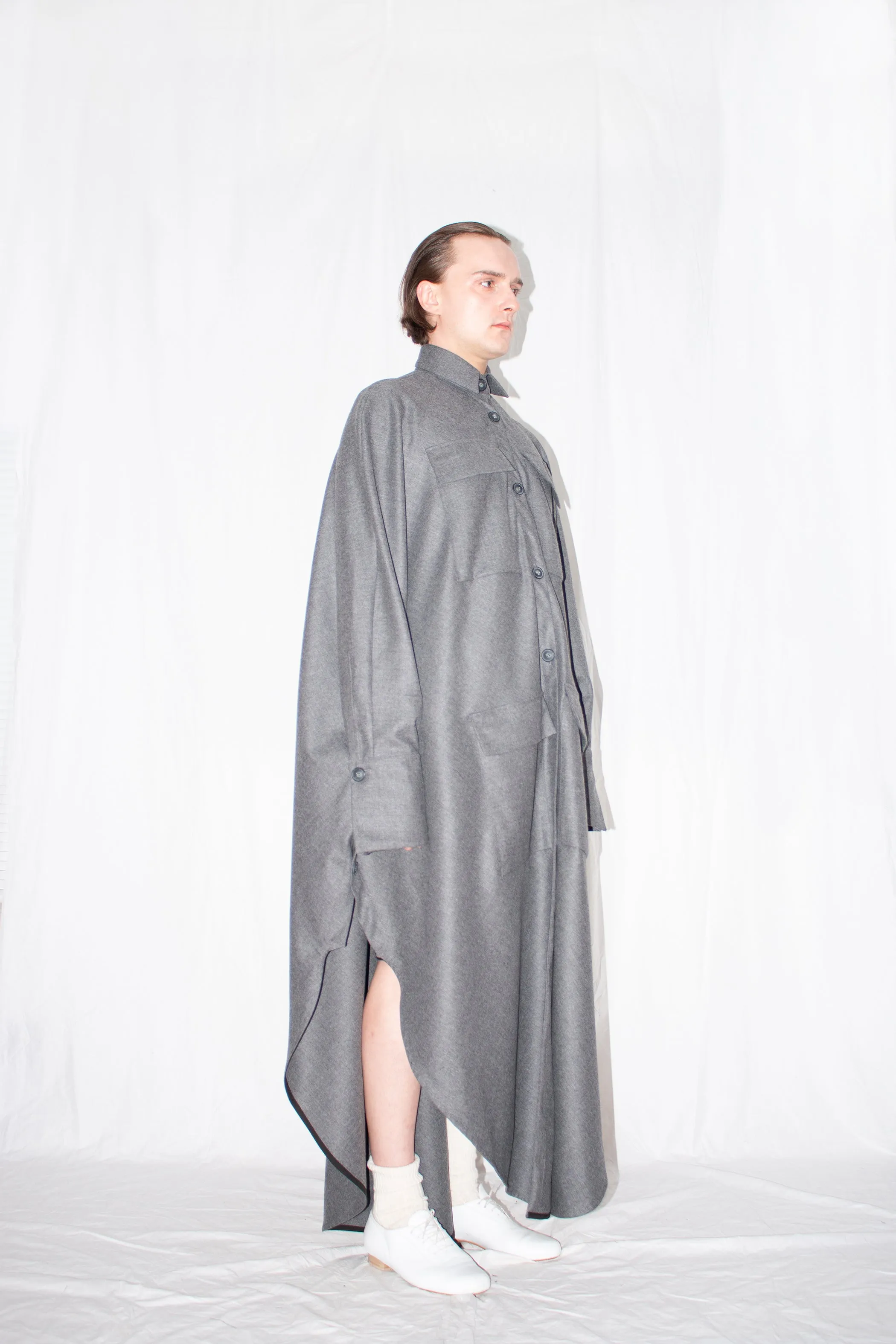 Grey Elongated Wool Cloak Shirt