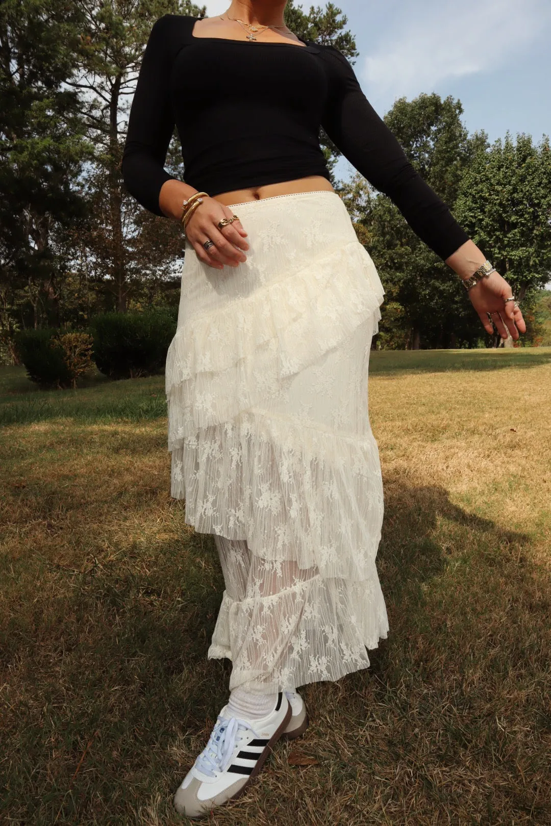 Lace Asymmetric Midi Skirt