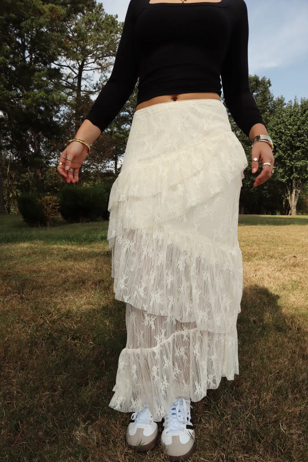 Lace Asymmetric Midi Skirt