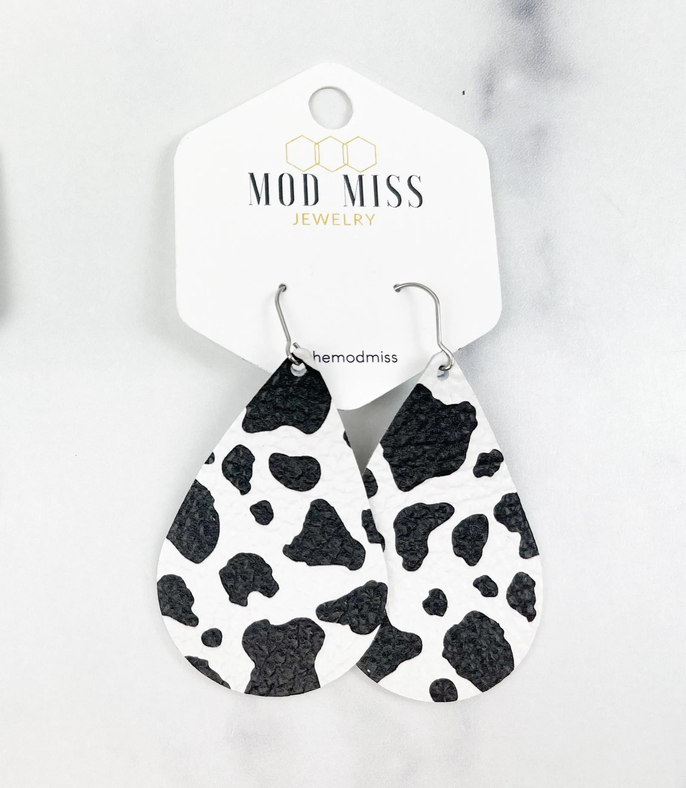 Leather Teardrop Earring Cow Print