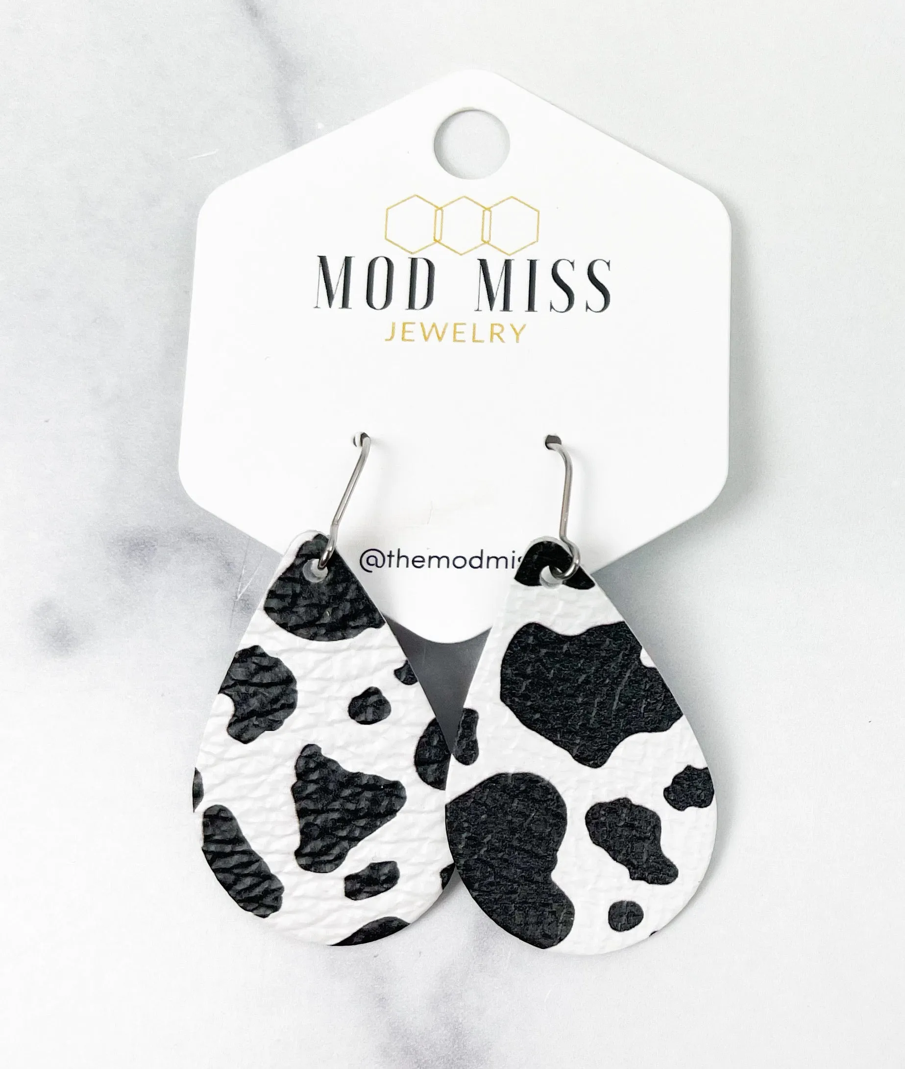 Leather Teardrop Earring Cow Print