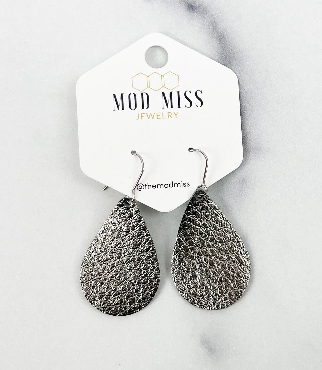 Leather Teardrop Earring Metallic Gunmetal