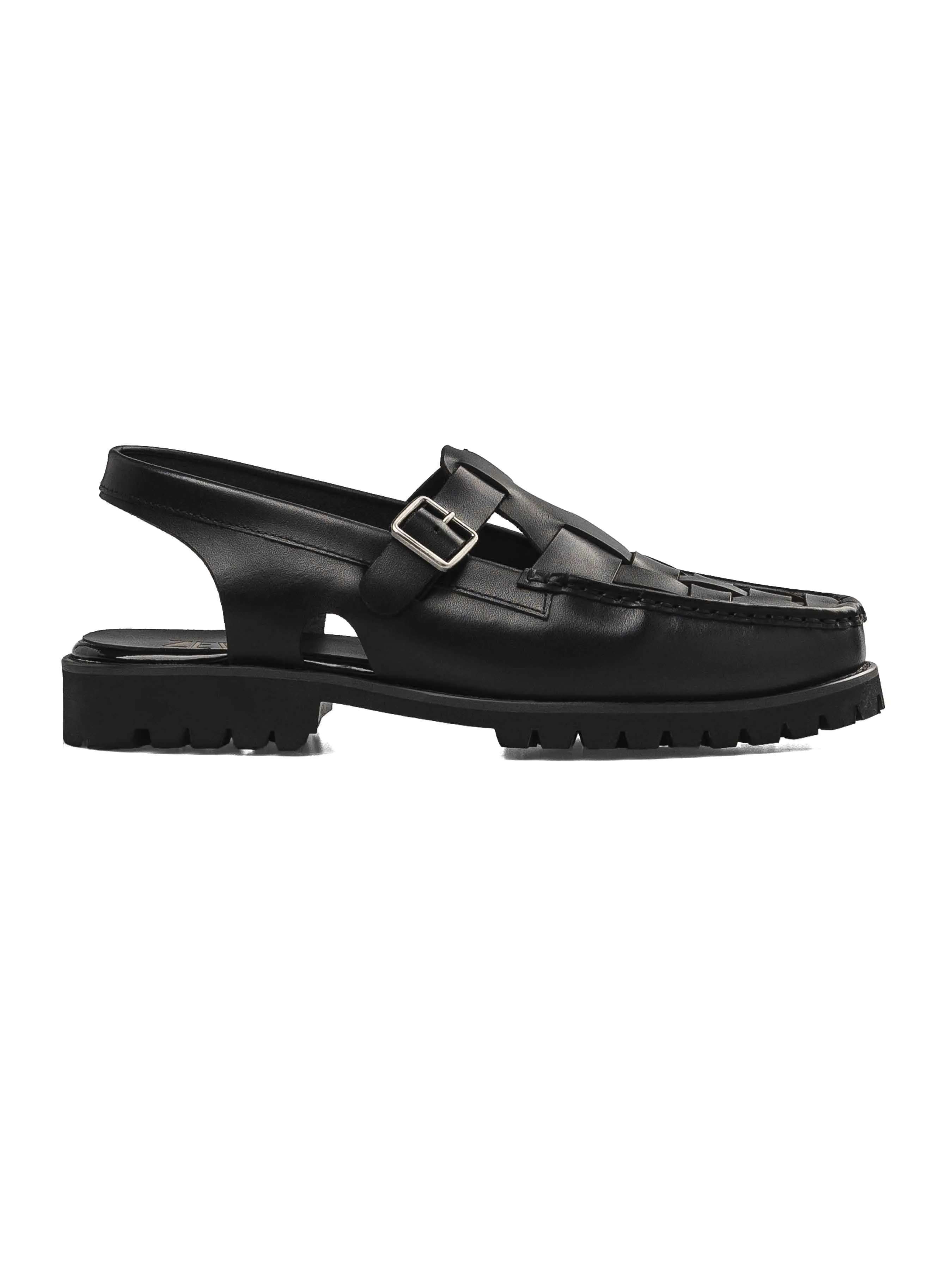 Perry Weave Sandal - Solid Black Leather (Chunky Sole)