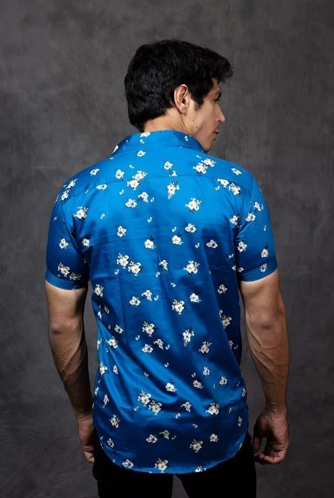 Printed Half Sleeve Shirt - Men Cotton Casual Blue Printed Shirt