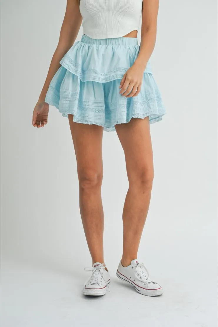 Priscilla Light Blue Ruffle Lace Mini Skirt