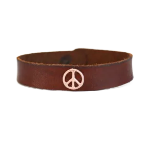 Rose Gold Peace Sign Brown Leather Bracelet