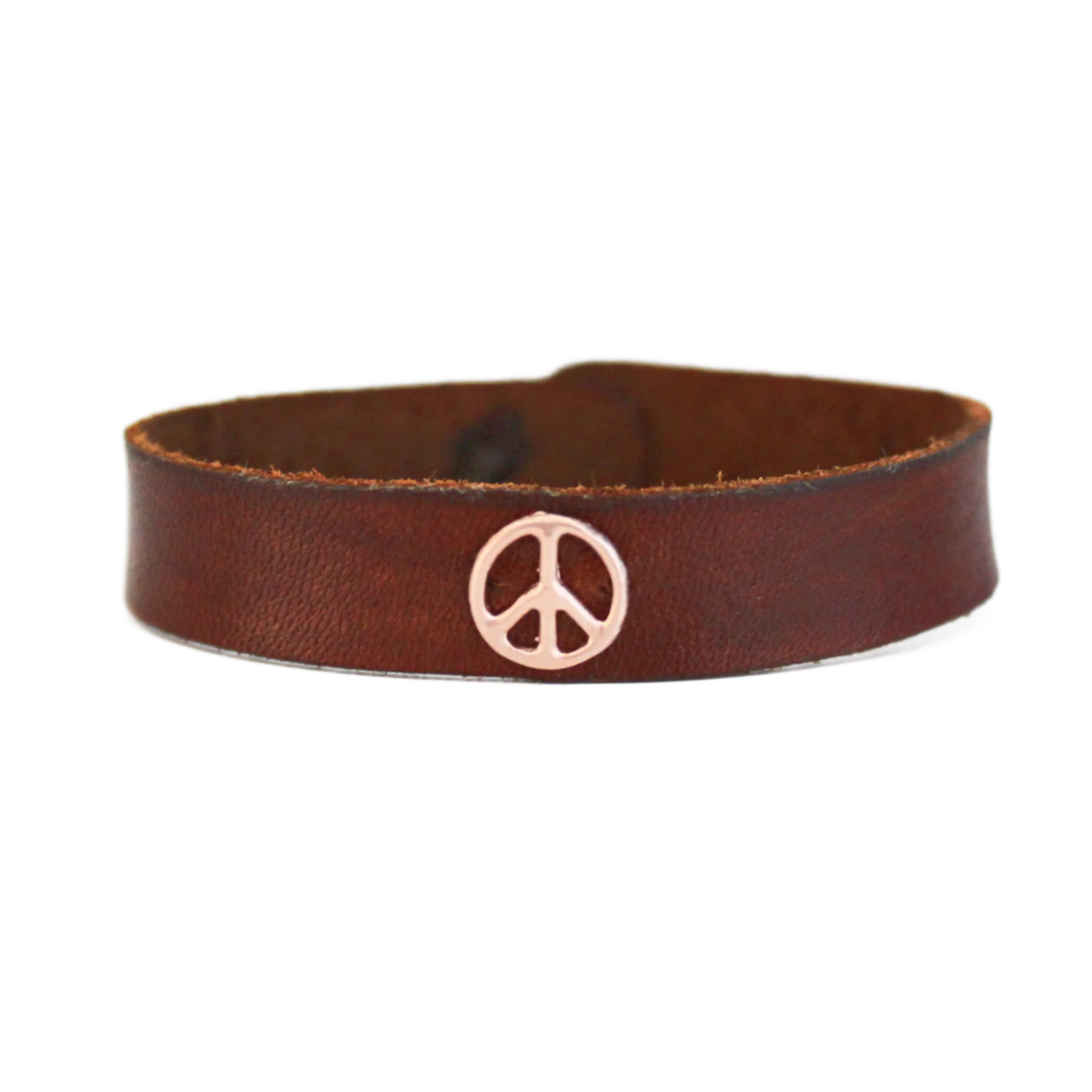 Rose Gold Peace Sign Brown Leather Bracelet