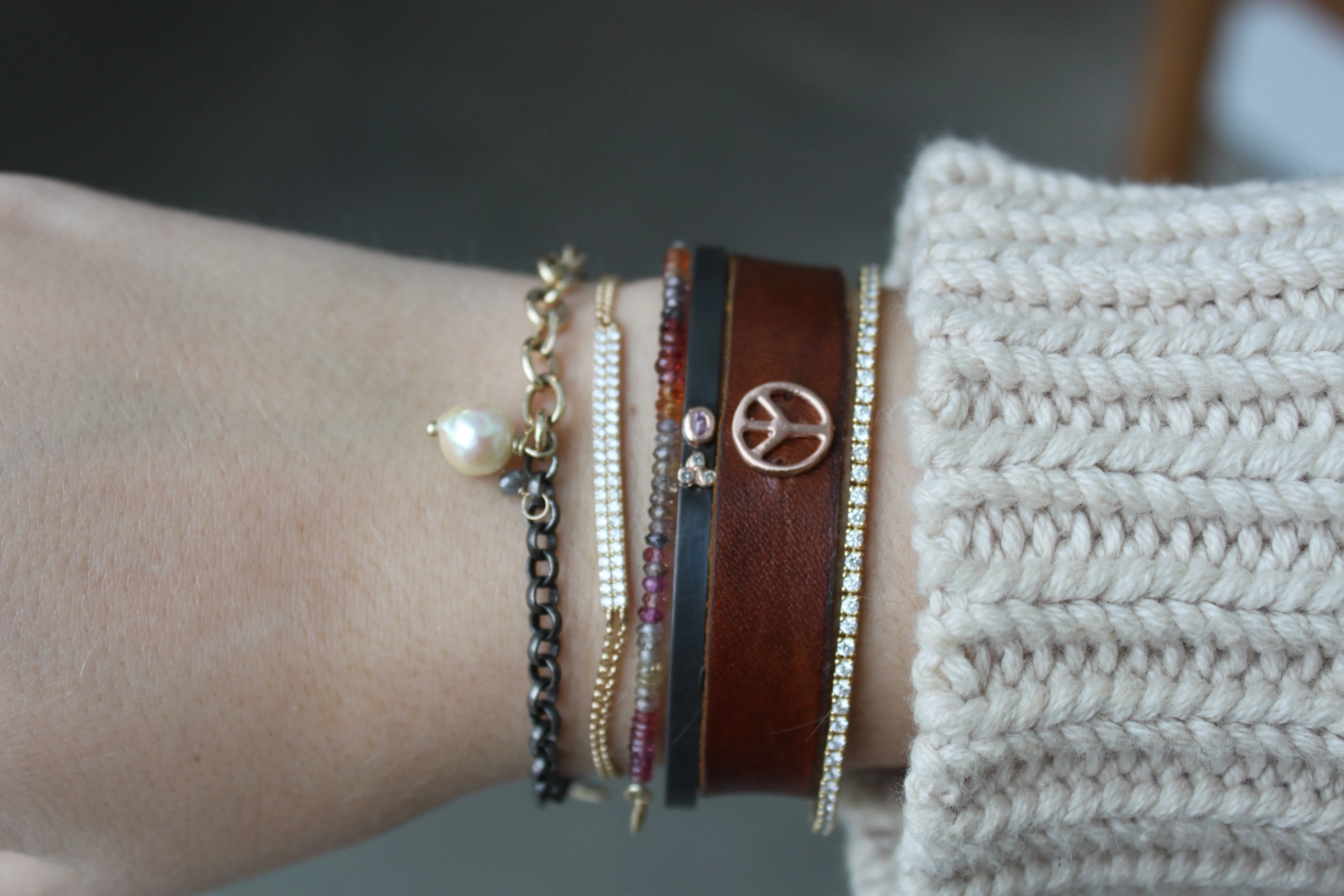 Rose Gold Peace Sign Brown Leather Bracelet