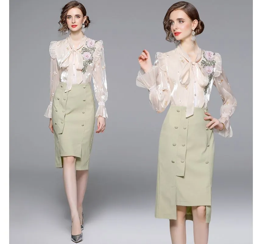 Set: Bow-Neck Ruffle Trim Embroidered Blouse   Plain Midi Pencil Skirt EE10