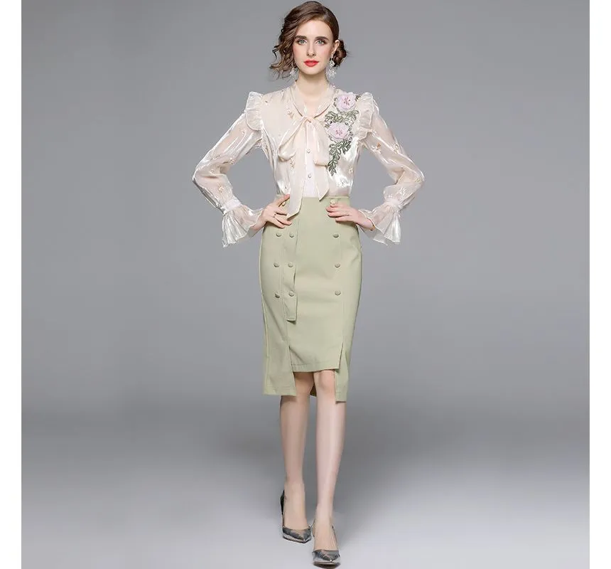 Set: Bow-Neck Ruffle Trim Embroidered Blouse   Plain Midi Pencil Skirt EE10