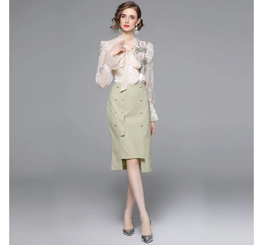 Set: Bow-Neck Ruffle Trim Embroidered Blouse   Plain Midi Pencil Skirt EE10