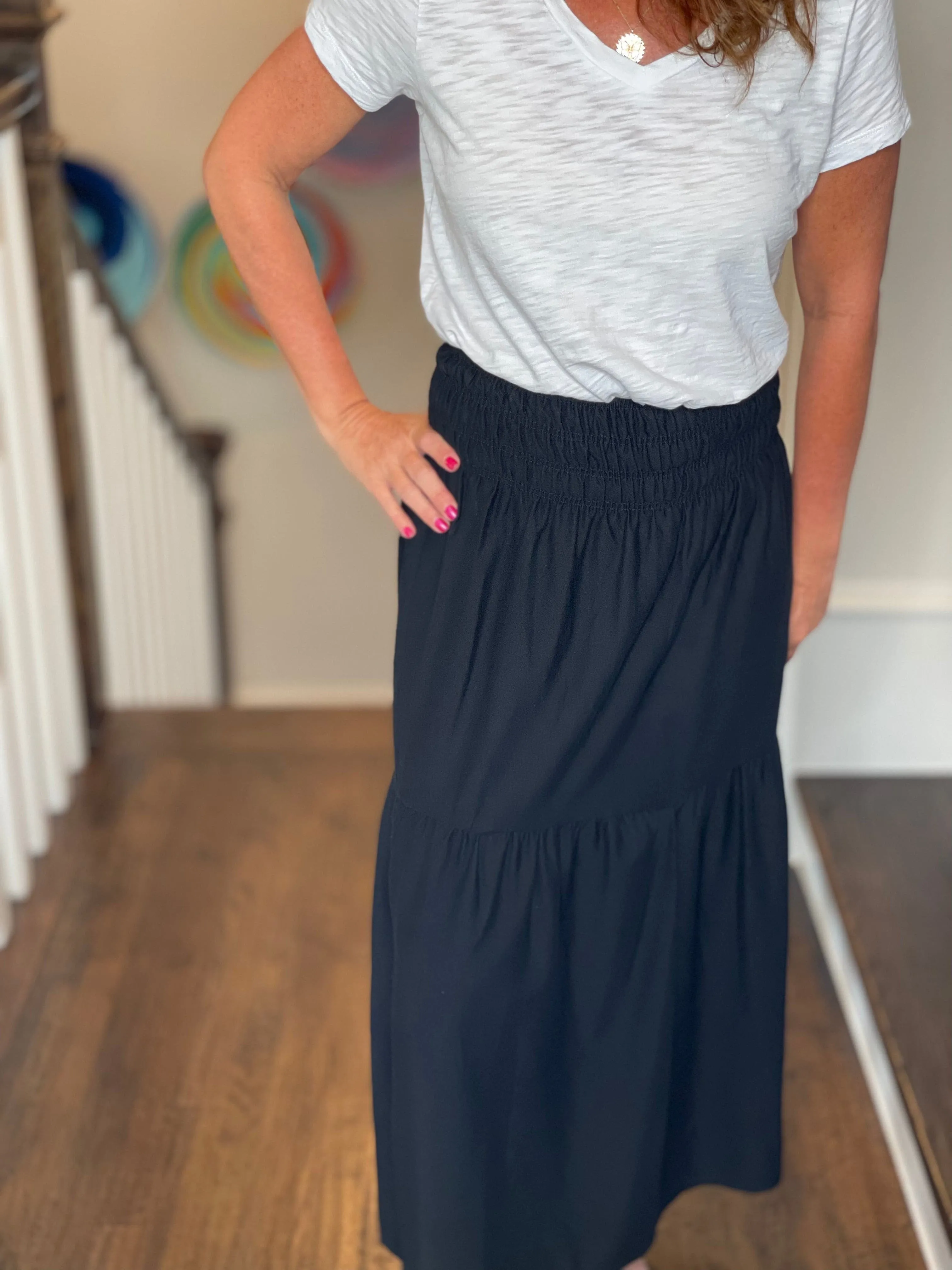 Smocked Waist Cotton Skirt in Black