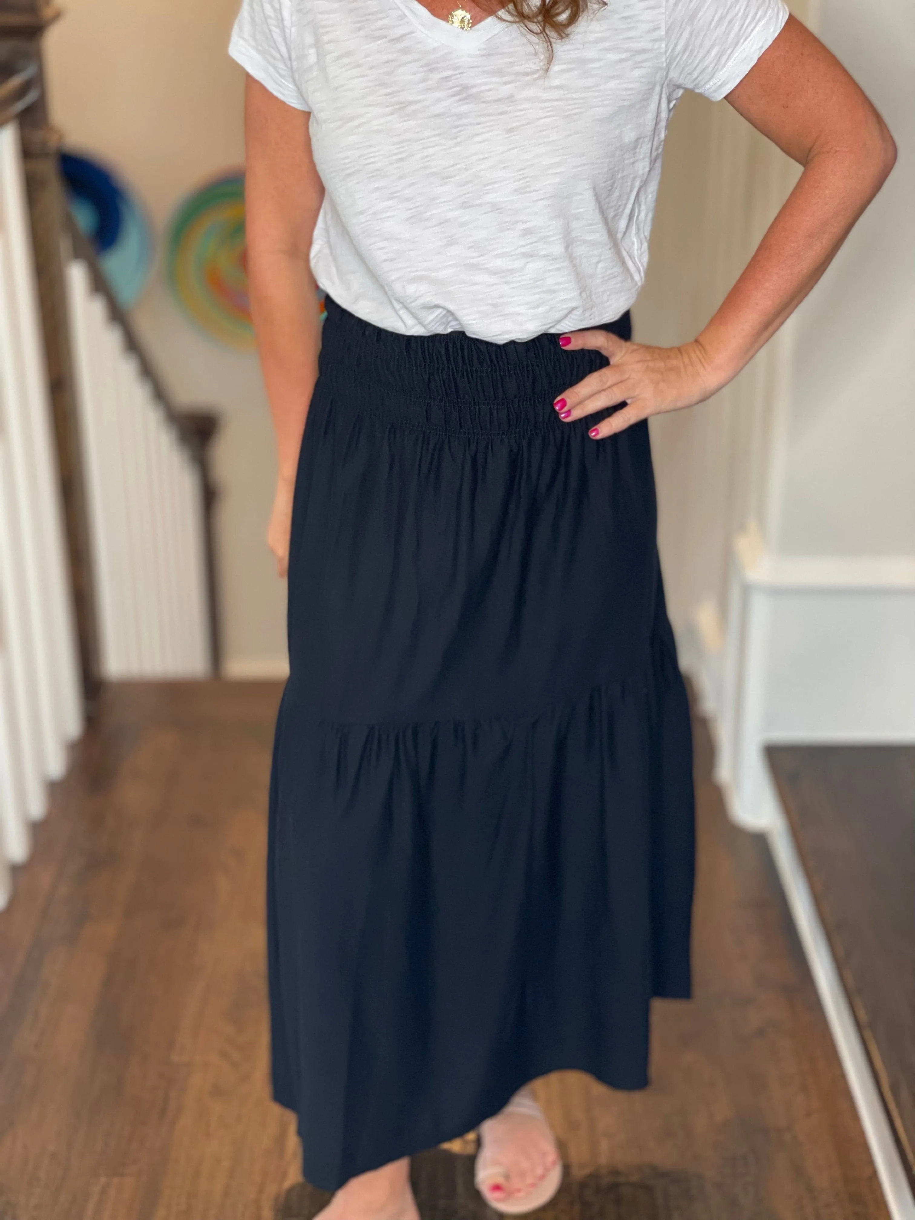 Smocked Waist Cotton Skirt in Black