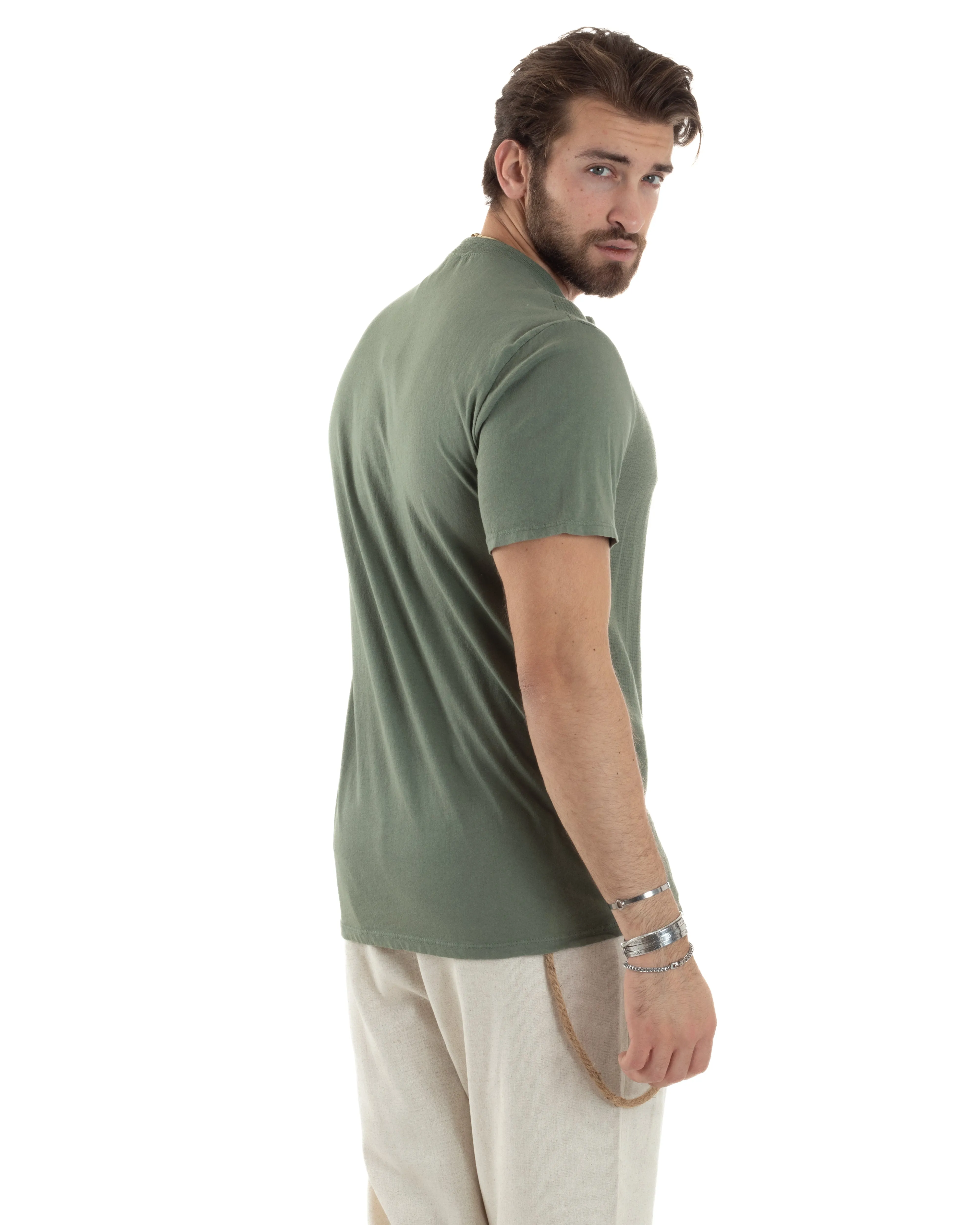 T-shirt Uomo Collo Serafino Bottoni Tinta Unita Manica Corta Cotone Verde Casual GIOSAL-TS3044A