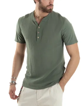 T-shirt Uomo Collo Serafino Bottoni Tinta Unita Manica Corta Cotone Verde Casual GIOSAL-TS3044A