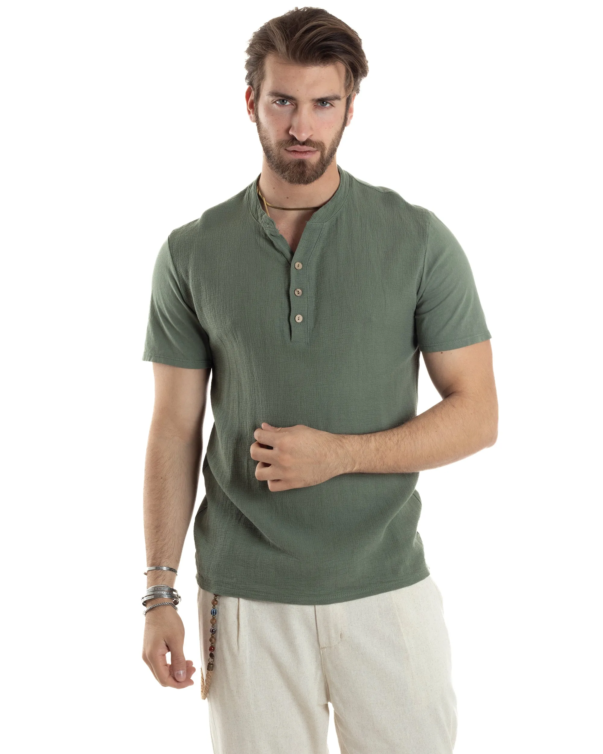 T-shirt Uomo Collo Serafino Bottoni Tinta Unita Manica Corta Cotone Verde Casual GIOSAL-TS3044A