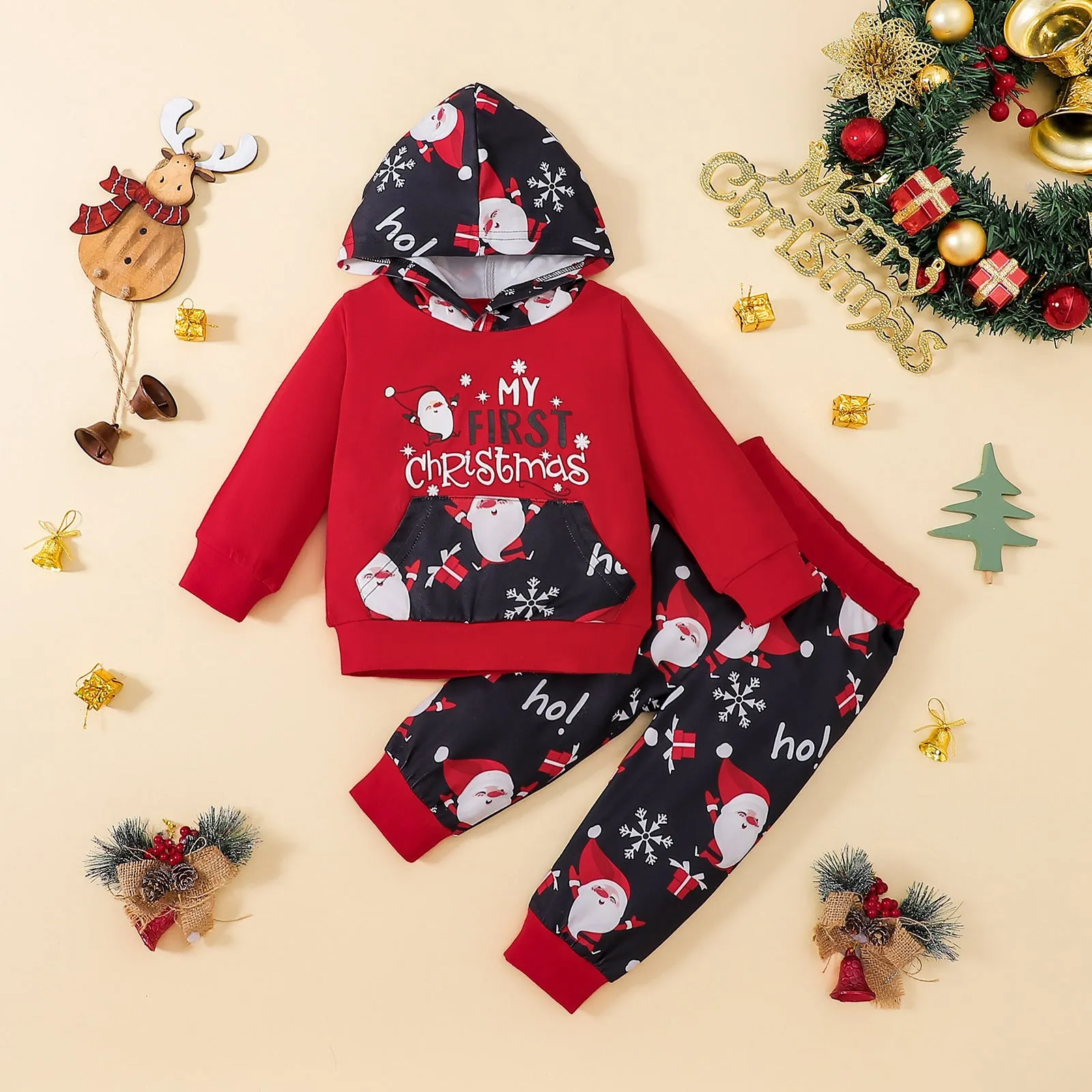 Toddler Boys Christmas Print Long-sleeved Hooded Sweatshirt and Pants Set