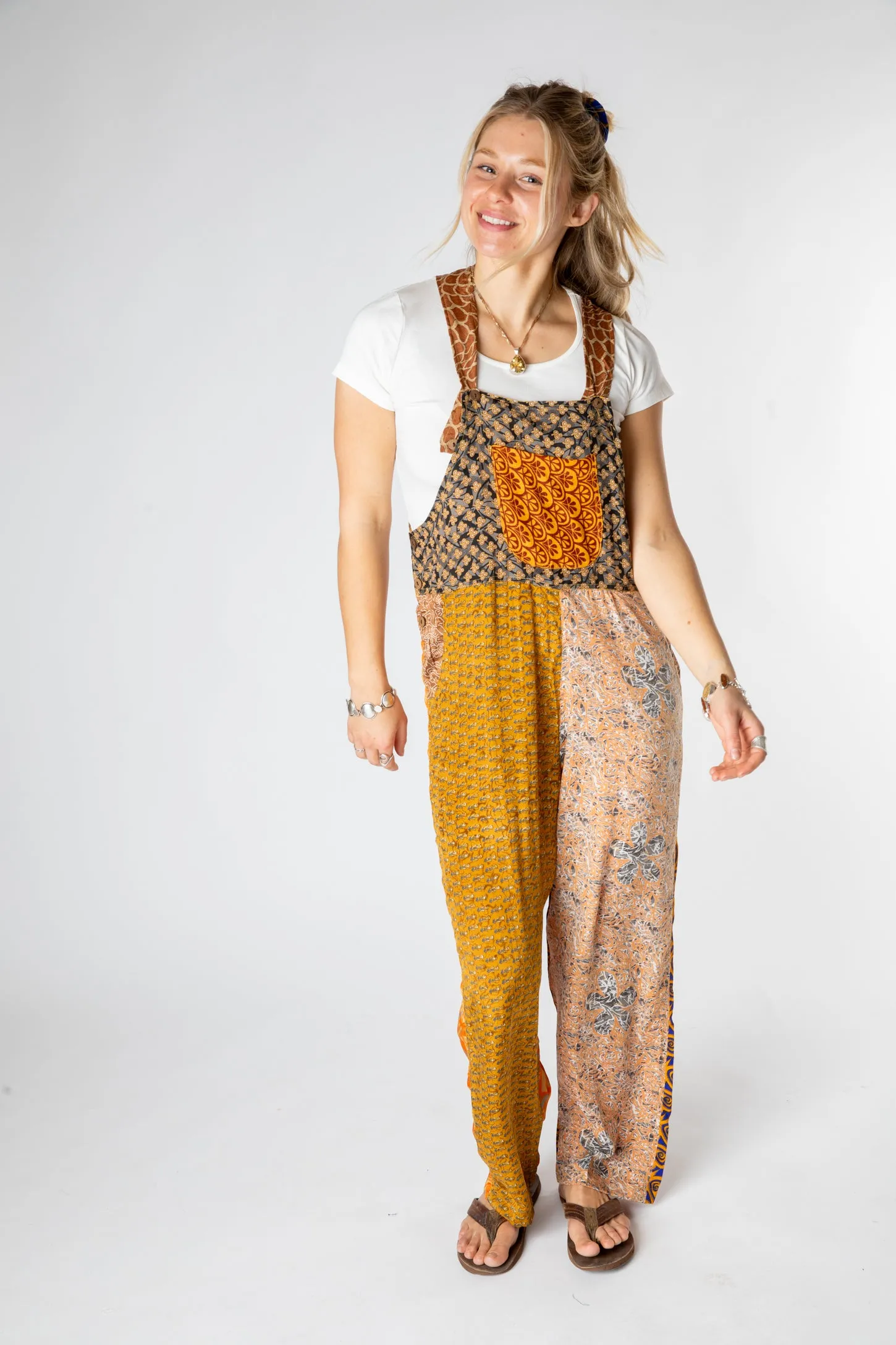 Upcycled Patchwork Sari Silk Overalls